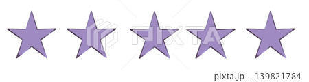 Five purple star rating icons arranged in a horizontal row, simple flat illustration of a review score scale used to indicate maximum quality, feedback, satisfaction, or evaluation in user Five purple star rating icons arranged in a horizontal row, simple flat illustration of a review score scale used to indicate maximum quality, feedback, satisfaction, or evaluation in user 139821784