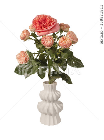 Rose bouquet in ceramic vase. Rosa flowers, garden bunch, leaves, home interior decoration isolated on whitee. Rose bouquet in ceramic vase. Rosa flowers, garden bunch, leaves, home interior decoration isolated on whitee. 139821811