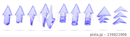 3d blue glass arrow sign set - double, triple and speed for navigation or direction indicators. Iridescent transparent pointer icons, crystal cursors. UI interface design elements. 3D illustration 139821906