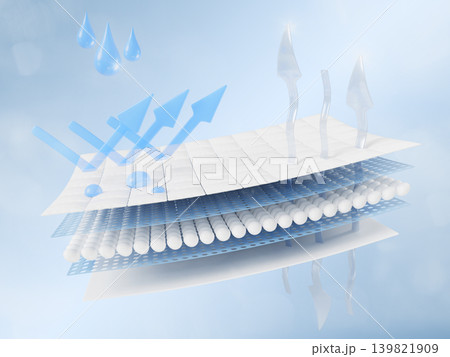 Waterproof breathable fabric 3d icon with water drops, transparent and blue arrows, 5 layer effect. Membrane structure, moisture protection with airflow, textile prevent liquid water. 3D illustration 139821909