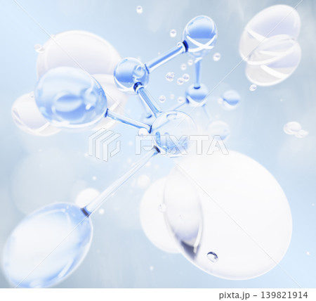 Water molecule with bubbles on light blue 3d background. Liquid cosmetic product of lotion, essential oil, moisture essence, shampoo. Clear gel collagen serum drops, chemical formula. 3D illustration Water molecule with bubbles on light blue 3d background. Liquid cosmetic product of lotion, essential oil, moisture essence, shampoo. Clear gel collagen serum drops, chemical formula. 3D illustration 139821914