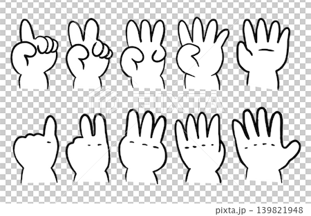 A set of hand sign illustrations for counting from 1 to 5 by children (10 variations: palm, back of hand, front and back). A set of hand sign illustrations for counting from 1 to 5 by children (10 variations: palm, back of hand, front and back). 139821948