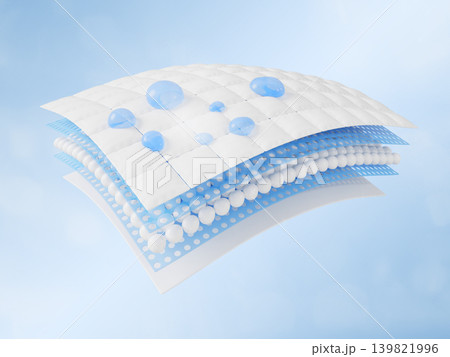 Waterproof fabric structure 3D icon with blue water droplets on surface, 5 layer effect with rain drop beads. Hydrophobic material, moisture resistant textile, membrane technology. 3D illustration 139821996