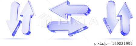 3d blue glass up down right left arrows set - opposite direction sign, increase and decrease value. Transparent ui elements, modern graphics. Double icons, transfer or exchange symbol. 3D illustration 139821999