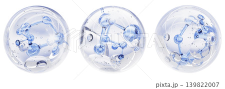 Blue hyaluronic acid 3D molecules in transparent bubble. Liquid collagen serum drops for beauty skincare. Cosmetic moisture spheres. Chemical formula water H2O. Hydrogen H2 production. 3D illustration Blue hyaluronic acid 3D molecules in transparent bubble. Liquid collagen serum drops for beauty skincare. Cosmetic moisture spheres. Chemical formula water H2O. Hydrogen H2 production. 3D illustration 139822007