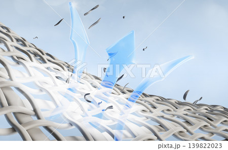 3d dirty white fabric fiber texture with blue water up arrows. Liquid bleach, stain remover or powder laundry detergent, textile background. Dry cleaning clothes, deep clean, care. 3D illustration 139822023