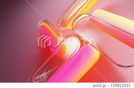 Neon glass tech background with capsule shapes. 3D geometric figures of cylinders with hemispherical ends, vibrant red yellow pink gradient, soft glow effect. Modern abstract graphics. 3D illustration 139822032