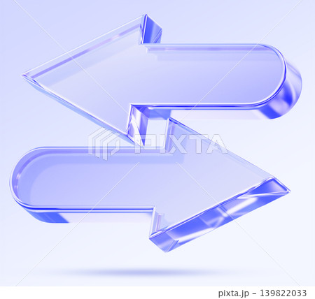 3D blue glass opposite arrow icon, horizontal left right direction sign. Data transfer, currency exchange or inverse. Forward backward movement, swipe ui element, render double symbol. 3D illustration 139822033