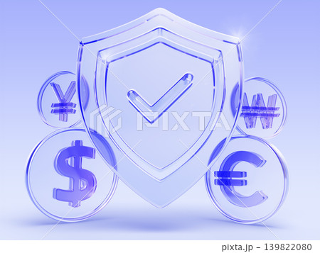 3d money protection concept, online banking security guarantee. Blue glass shield with check mark and dollar, euro, yuan, won coins. Financial security, secure investment, insurance. 3D illustration 139822080