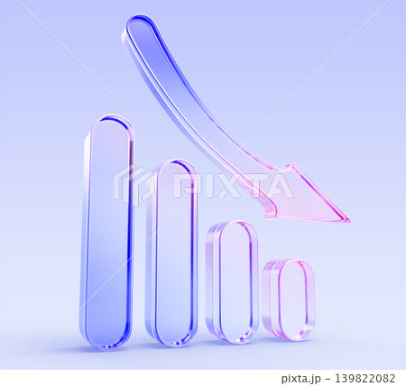 Glass hologram bar chart 3d icon with down arrow. Financial crisis, downgrade, bankruptcy, market crash, fall in stock indexes, rise unemployment. Purple blue falling graph isolated. 3D illustration Glass hologram bar chart 3d icon with down arrow. Financial crisis, downgrade, bankruptcy, market crash, fall in stock indexes, rise unemployment. Purple blue falling graph isolated. 3D illustration 139822082