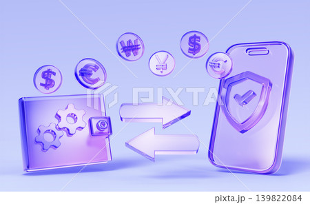 3D money transfer, mobile banking online payment with glass hologram smartphone, electronic wallet, arrows and flying dollar, euro and yuan coins. International transaction concept. 3D illustration 3D money transfer, mobile banking online payment with glass hologram smartphone, electronic wallet, arrows and flying dollar, euro and yuan coins. International transaction concept. 3D illustration 139822084