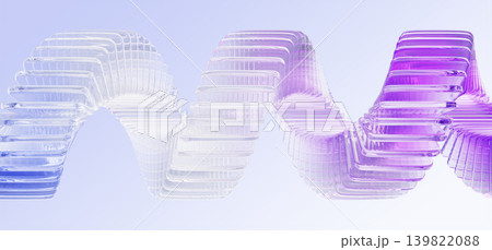 Spiral glass array, holographic ribbon wave line on light blue 3d background. Dynamic curve swirl flow of transparent square shapes. Layered effect, horizontal vortex, rotating motion. 3D illustration 139822088