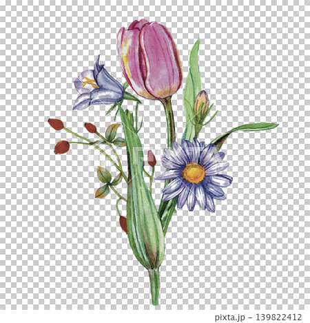Tulip and Wildflower Watercolor Bouquet Illustration Tulip and Wildflower Watercolor Bouquet Illustration 139822412