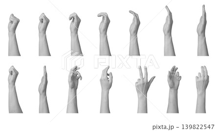 Collection of human hand gestures isolated on white background. Multiple arm poses demonstrating finger signals and communication signs. Body language reference set for gesture illustration Collection of human hand gestures isolated on white background. Multiple arm poses demonstrating finger signals and communication signs. Body language reference set for gesture illustration 139822547
