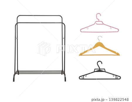 Clothing rack with several hanger designs isolated on white background. Minimal wardrobe stand with different hanger shapes for garments. Fashion storage equipment concept for retail or Clothing rack with several hanger designs isolated on white background. Minimal wardrobe stand with different hanger shapes for garments. Fashion storage equipment concept for retail or 139822548