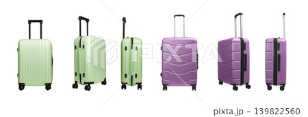 Set of colorful travel suitcases in different positions isolated on white background. Collection of wheeled luggage views including front side and perspective. Travel baggage concept for 139822560