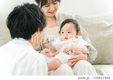 家のソファに座りで赤ちゃんに哺乳瓶で水を飲ませる母親,ママ,家族 139822946