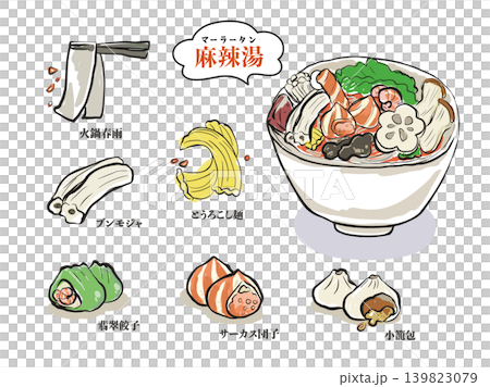 Hand-drawn illustration of Mala Tang (spicy hot pot soup) and its toppings 139823079