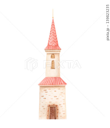Watercolor vintage Christmas church with snowy tiled roof in soft pastel tones isolated on white. Hand drawn whimsical winter chapel illustration for holiday cards, festive decor and storybook scenes. Watercolor vintage Christmas church with snowy tiled roof in soft pastel tones isolated on white. Hand drawn whimsical winter chapel illustration for holiday cards, festive decor and storybook scenes. 139823235