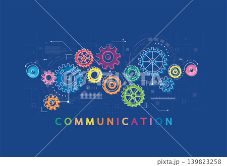 Abstract communication technology concept with colorful gears and cogs working together on dark blue background. 139823258