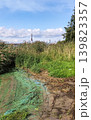 Polluted riverbank featuring stagnant green water, debris, and neglected natural surroundings. Documentary-style atmosphere highlights environmental issues. 139823357