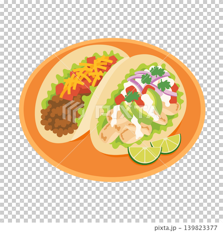 皿に盛り付けられた2種類のタコスのイラスト 皿に盛り付けられた2種類のタコスのイラスト 139823377