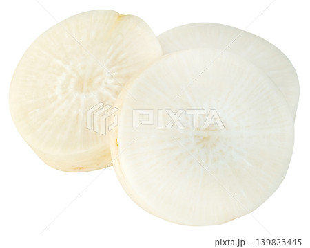 Three fresh slices of raw white daikon radish isolated. Close-up view showing internal texture of the vegetable. Ideal for healthy food, cooking, and nutrition concepts. Three fresh slices of raw white daikon radish isolated. Close-up view showing internal texture of the vegetable. Ideal for healthy food, cooking, and nutrition concepts. 139823445