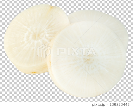 Three fresh slices of raw white daikon radish isolated. Close-up view showing internal texture of the vegetable. Ideal for healthy food, cooking, and nutrition concepts. Three fresh slices of raw white daikon radish isolated. Close-up view showing internal texture of the vegetable. Ideal for healthy food, cooking, and nutrition concepts. 139823445
