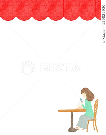 白バックに赤い屋根の下で一人の女性がカフェでくつろいでいる背景イラスト 白バックに赤い屋根の下で一人の女性がカフェでくつろいでいる背景イラスト 139823930