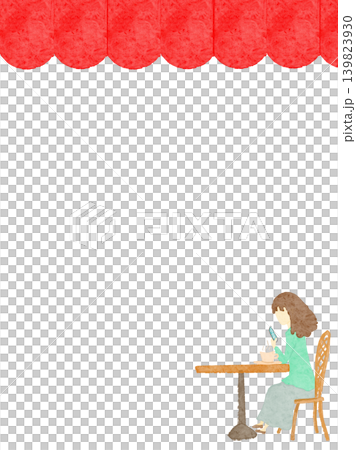 白バックに赤い屋根の下で一人の女性がカフェでくつろいでいる背景イラスト 白バックに赤い屋根の下で一人の女性がカフェでくつろいでいる背景イラスト 139823930