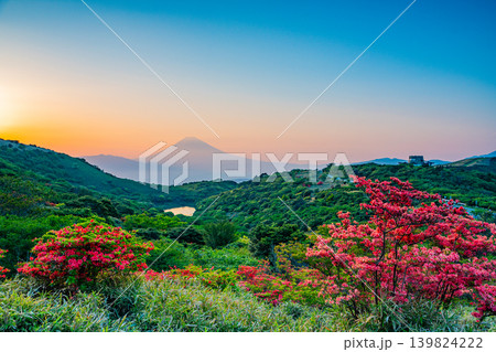 (静岡県)満開の山ツツジが美しい、箱根玄岳から望む富士山 夕景 (静岡県)満開の山ツツジが美しい、箱根玄岳から望む富士山 夕景 139824222