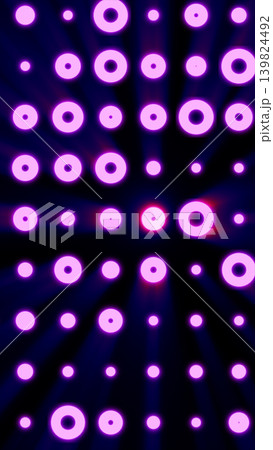 Purple neon dot grid with glowing circular lights and futuristic geometric symmetry on a dark background. 139824492