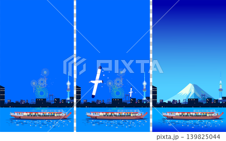 東京夜景及觀光插畫集,包括船屋、富士山、煙火,留白處 東京夜景及觀光插畫集,包括船屋、富士山、煙火,留白處 139825044
