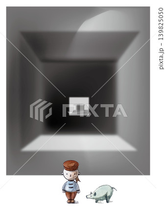 モノクロ基調のレトロモダンでシュールなアートイラスト:窓から見える建物と僕とぶた モノクロ基調のレトロモダンでシュールなアートイラスト:窓から見える建物と僕とぶた 139825050