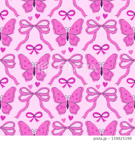Pink seamless pattern with butterflies and bows. Vector graphics. 139825199
