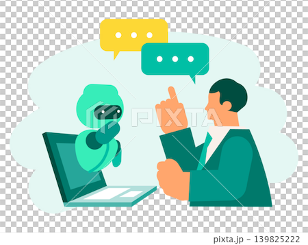 パソコン画面でAIチャットボットと対話し業務効率化をはかる男性会社員のイラスト パソコン画面でAIチャットボットと対話し業務効率化をはかる男性会社員のイラスト 139825222