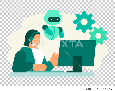 AIチャットボットのアシスト画面を見ながらヘッドセットで顧客対応する女性オペレーターのイラスト 139825223