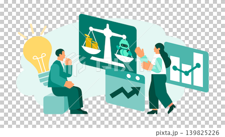 圖中一位男性和一位女性企業主管正在使用螢幕上的圖表分析和評估引入人工智慧聊天機器人的有效性。 圖中一位男性和一位女性企業主管正在使用螢幕上的圖表分析和評估引入人工智慧聊天機器人的有效性。 139825226