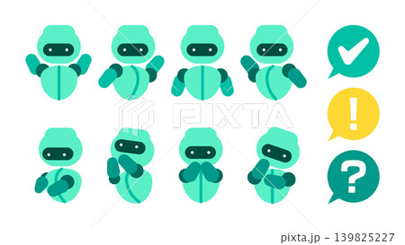 喜ぶ考える悩む指し示すなど様々な感情やポーズをとるAIチャットボットキャラクターのイラストセット 139825227