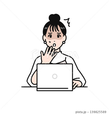 ノートパソコンを見て青ざめるまとめ髪の若い女性のシンプルなベクターイラスト素材 ノートパソコンを見て青ざめるまとめ髪の若い女性のシンプルなベクターイラスト素材 139825589