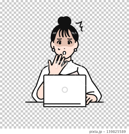 ノートパソコンを見て青ざめるまとめ髪の若い女性のシンプルなベクターイラスト素材 ノートパソコンを見て青ざめるまとめ髪の若い女性のシンプルなベクターイラスト素材 139825589