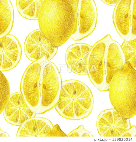 Hand drawn seamless pattern with a yellow lemon and a half of a lemon. Yellow lemon on a white background for graphic design. 139826014