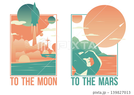 Rocket launch to the Moon, Mars retro futurism vector silhouette print. Minimalism t-shirt graphic print set. Man watching spaceship launch. Alien planet futuristic building, landscape, clouds, ocean 139827013