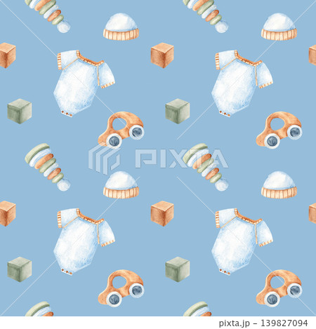 Baby boy watercolor seamless pattern with onesie or bodysuit, cap and wooden toys on a blue background. Suitable for fabric, textile, wallpaper, wrapping paper and baby shower designs. Baby boy watercolor seamless pattern with onesie or bodysuit, cap and wooden toys on a blue background. Suitable for fabric, textile, wallpaper, wrapping paper and baby shower designs. 139827094