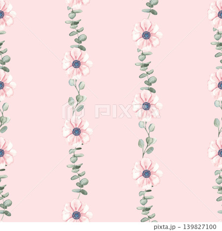 Watercolor floral seamless pattern. Anemones and eucalyptus on a pink pastel background. Girlish room or nursery decor. Perfect for fabric, wallpaper, wrapping paper and pastel baby girl background. 139827100