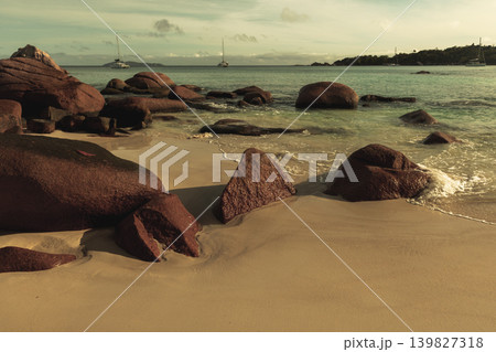Coastal landscape of Anse Lazio beach on a sunny day. Praslin island, Seychelles 139827318