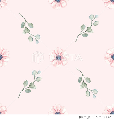 Watercolor floral seamless pattern. Anemone flower and eucalyptus on a pink background. Perfect for baby fabric, nursery wallpaper, wrapping paper. Watercolor floral seamless pattern. Anemone flower and eucalyptus on a pink background. Perfect for baby fabric, nursery wallpaper, wrapping paper. 139827452