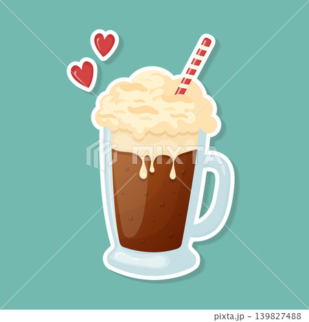 Cute sweet soda drink sticker with vanilla foam and straw vector illustration. Cute sweet soda drink sticker with vanilla foam and straw vector illustration. 139827488
