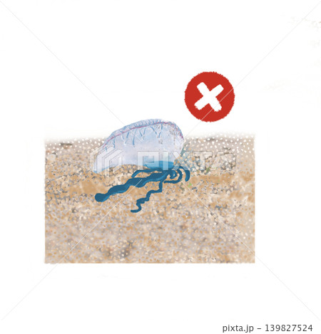 赤い危険マーク付きのカツオノエボシ漂着イラスト 背景素材 139827524