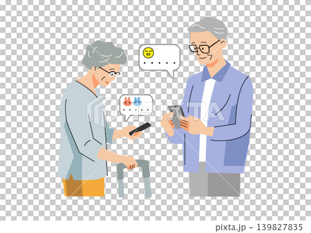 "Gentle Welfare and Care Vector Series": Elderly men and women using LINE on their smartphones "Gentle Welfare and Care Vector Series": Elderly men and women using LINE on their smartphones 139827835